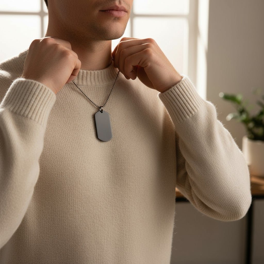 Valor Chain Necklace - Small Silver Personalised Dog Tag Pendant - White Crow